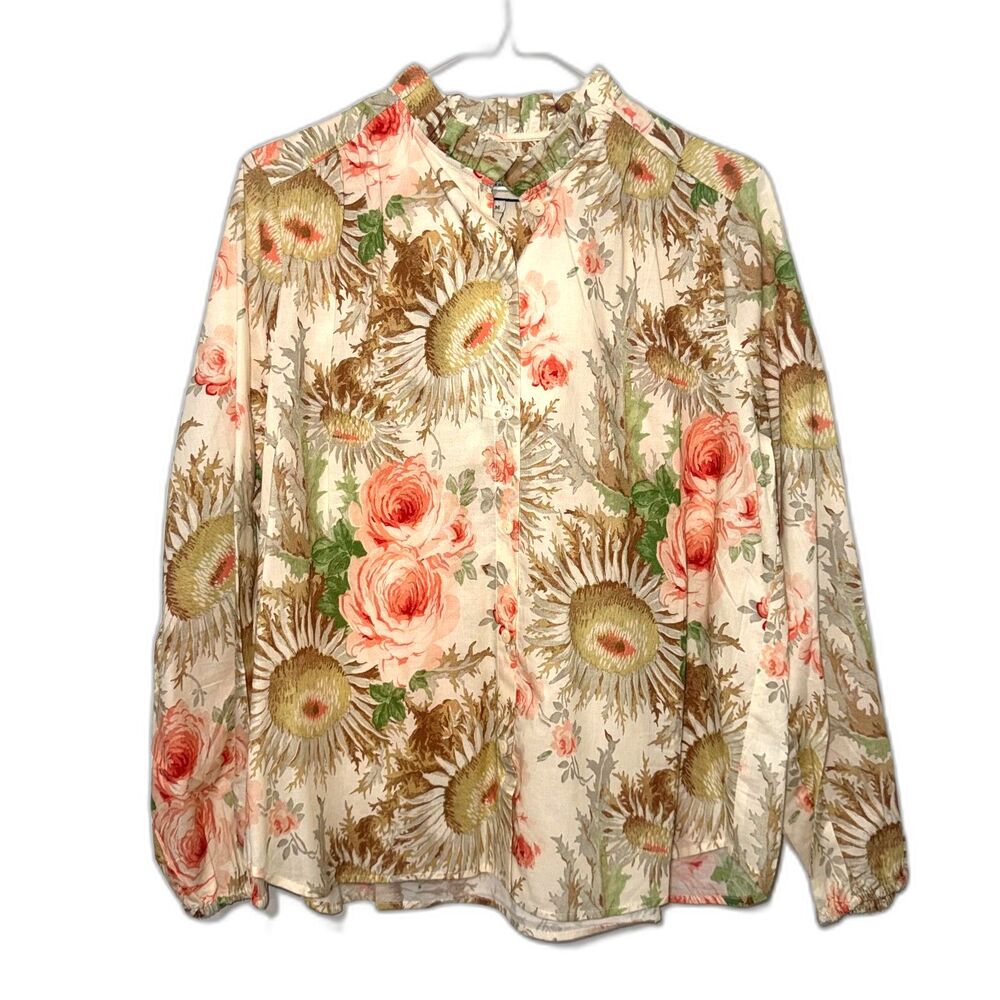 Tuckernuck Sun Faded Floral Pink Ruffle Collar Button Down Shirt - M - Picture 2 of 8